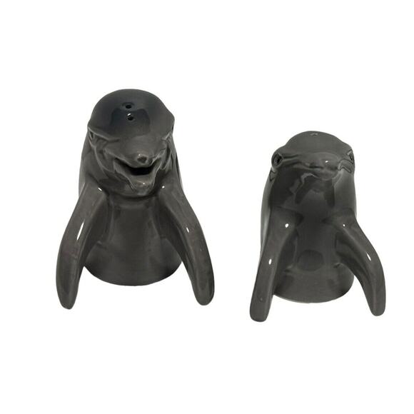 Vintage Mother & Baby Dolphin Salt and Pepper Shaker Set Gray Nautical Ceramic - Picture 2 of 7